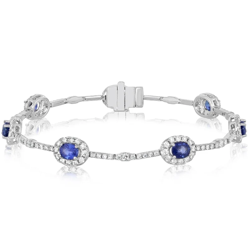 custom bracelets with initials for women -Blue Oval Sapphire & Diamond Halo Bracelet