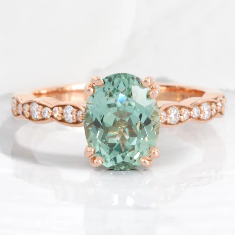 engagement rings with side stones for women -2.55 Ct. Oval Green Sapphire Ring in Grace Solitaire Diamond Scalloped Band