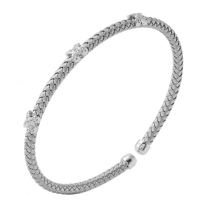 multi-layered bangles for women -CZ Rhodium Plated Silver 4mm Mesh Cuff Bangle