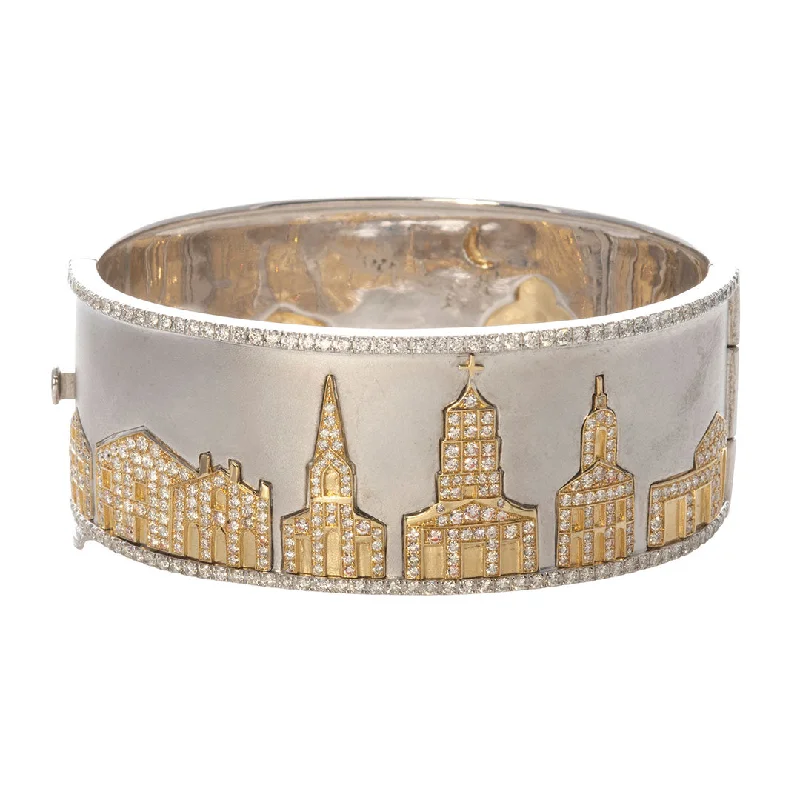 minimalistic bracelets for women -Wide Charleston Skyline Cuff Bangle with Diamonds