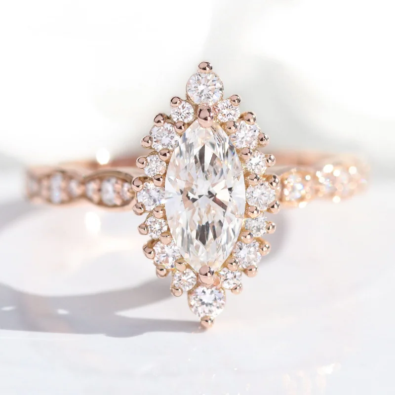 stackable engagement rings for women -Marquise Lab Diamond Scalloped Ring w/ Natural Diamonds in Tiara Halo Ring