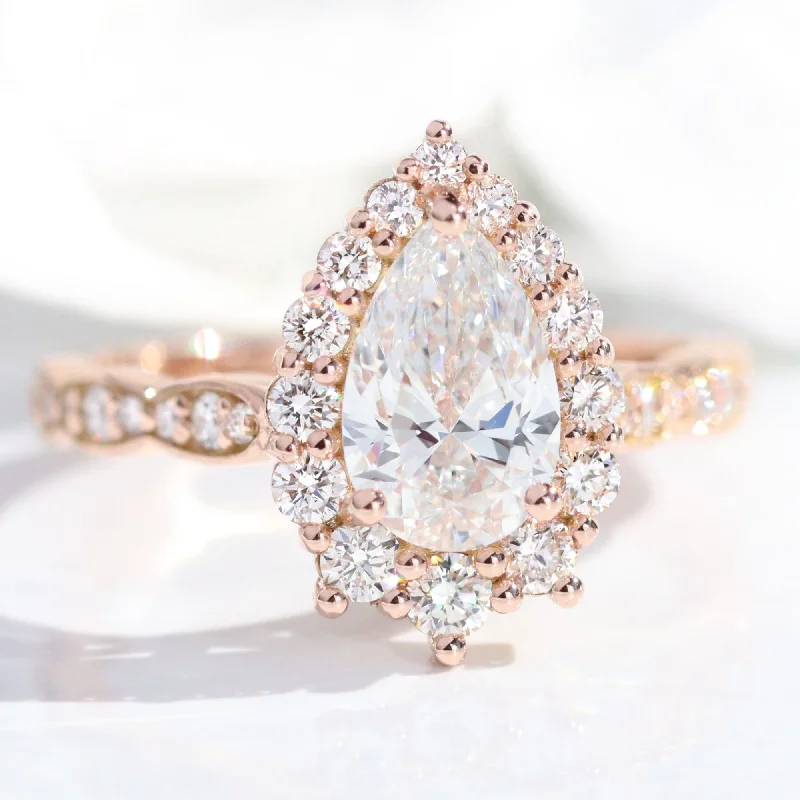 rose gold solitaire engagement rings for women -Pear Lab Diamond Scalloped Ring w/ Natural Diamonds in Tiara Halo Ring