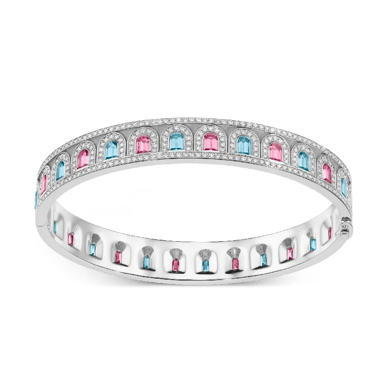 stretch bracelets for women -L'Arc Deco Bangle in Platinum with DAVIDOR Arch Cut Aquamarines DAVIDOR Arch Cut Pink Tourmalines and Brilliant Diamonds