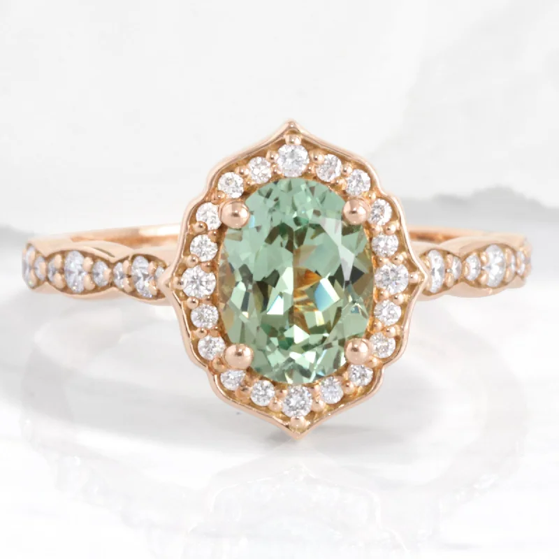 simple engagement rings for women -Oval Green Sapphire Ring in Vintage Floral Diamond Band