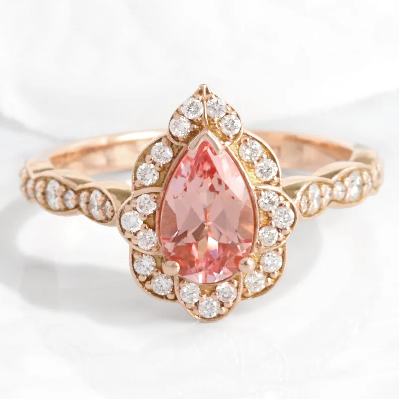 classic engagement rings for women -Pear Champagne Peach Sapphire Ring in Vintage Floral Diamond Band