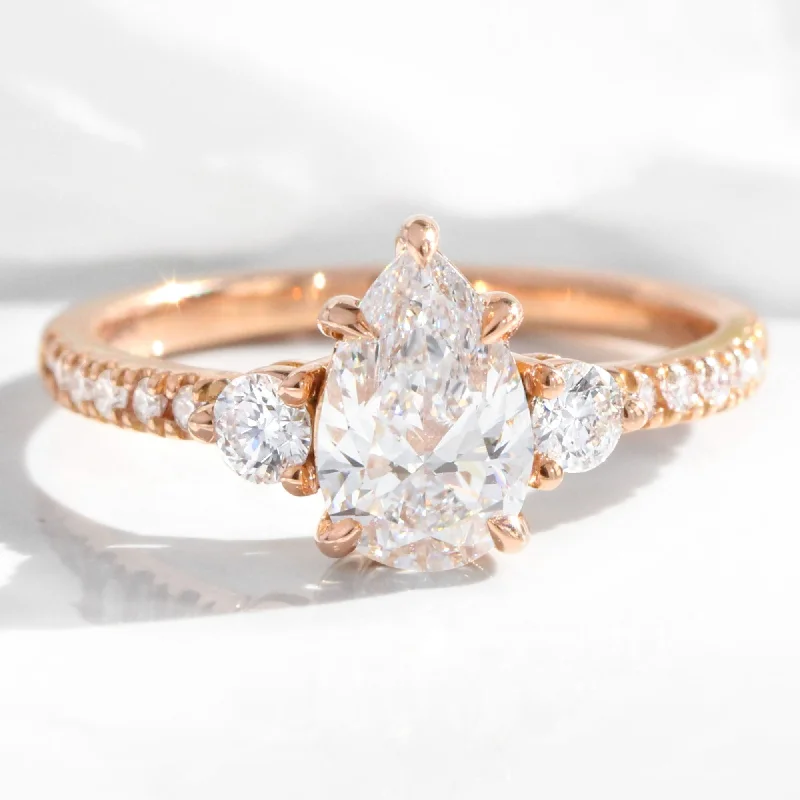 personalized engagement rings for women -1.56 Ct. Pear Lab Diamond Pave Ring w/ Natural Diamonds in Forever 3 Stone Ring