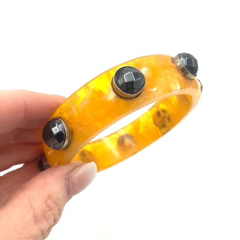 trendy stackable bracelets for women -Amber & Hematite Resin Bangle Bracelet - Midi - 8.25"