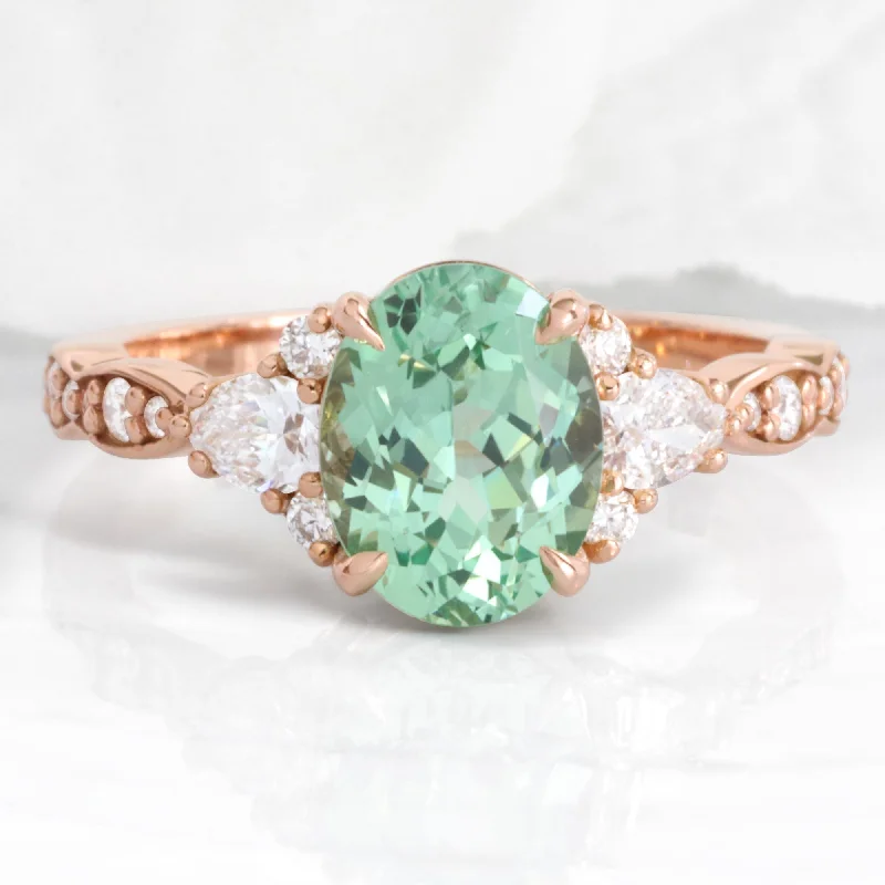 antique engagement rings for women -2.85 Ct. Oval Green Sapphire Ring in Dahlia 3 Stone Diamond Band