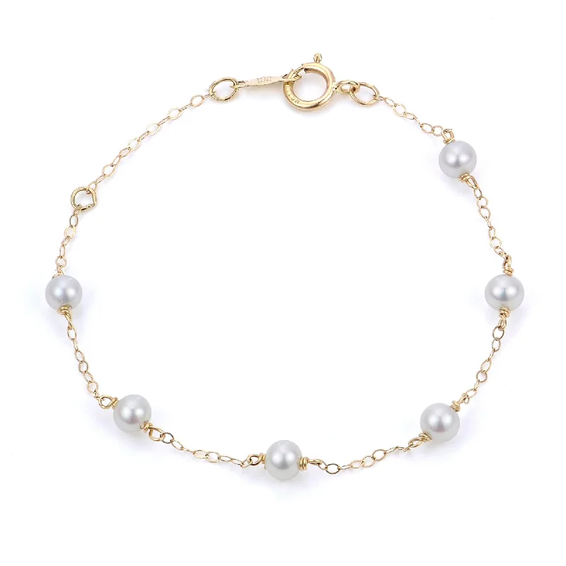 women’s custom engraved bangles -Child 4mm Freshwater Pearl Station 14K Yellow Gold Bracelet