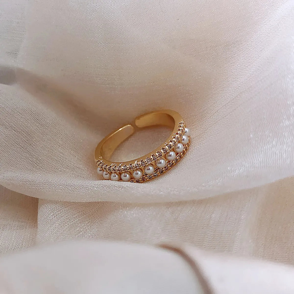 custom designed engagement rings for women -Real Gold Color-preserving Electroplating Diamond-encrusted Pearl Open Alloy Ring