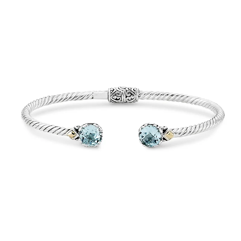 custom name bracelets for women -Sterling Silver And 18K Yellow Gold Two Tone Blue Topaz Twisted Hinged Bangle Bracelet