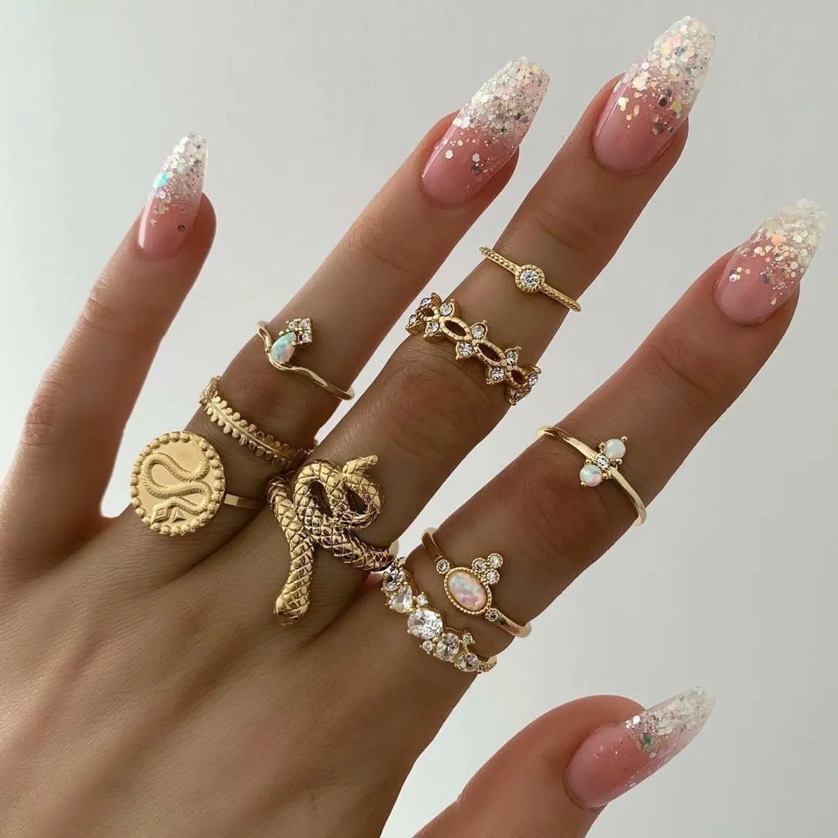 unique diamond engagement rings for women -Cross-border New Ring Set Fashion Geometric Snake-shaped Diamond Leaf Ring Tail Ring 9-piece Set