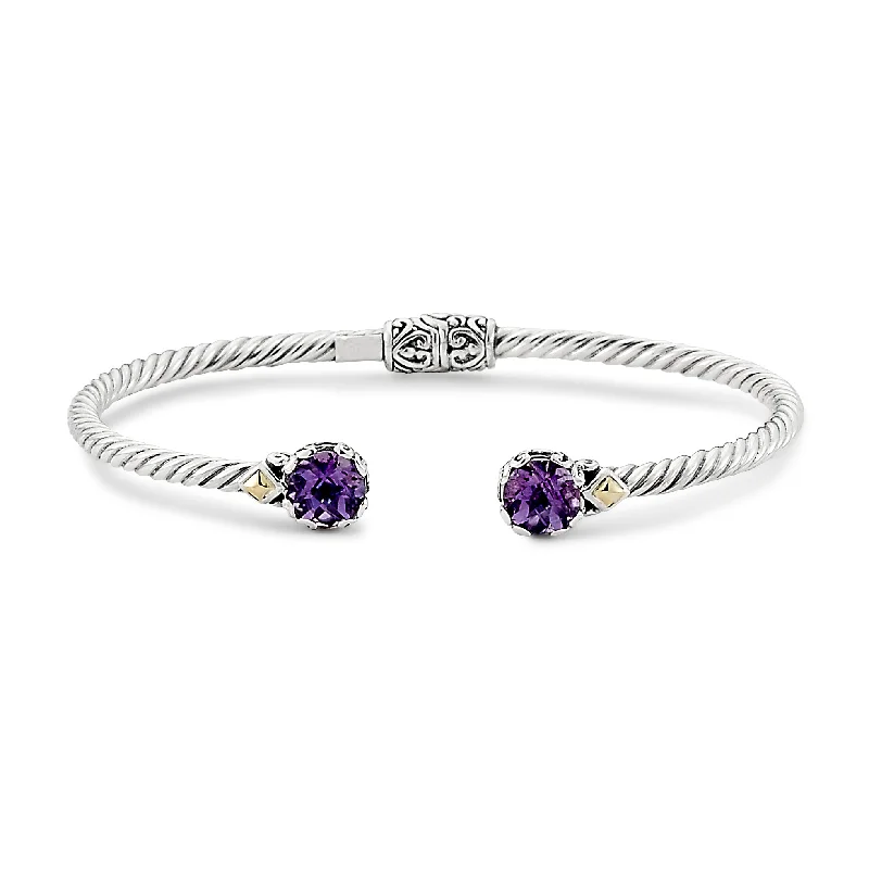 leather bangles for women -Sterling Silver And 18K Yellow Gold Two Tone Amethyst Twisted Hinged Bangle Bracelet