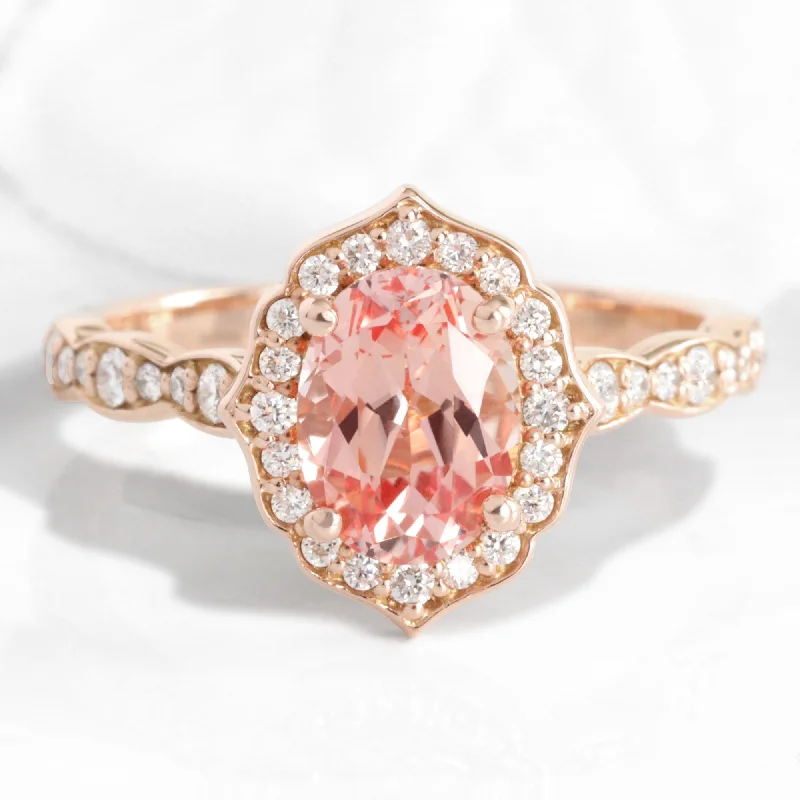 platinum solitaire engagement rings for women -Oval Champagne Peach Sapphire Ring in Vintage Floral Diamond Band