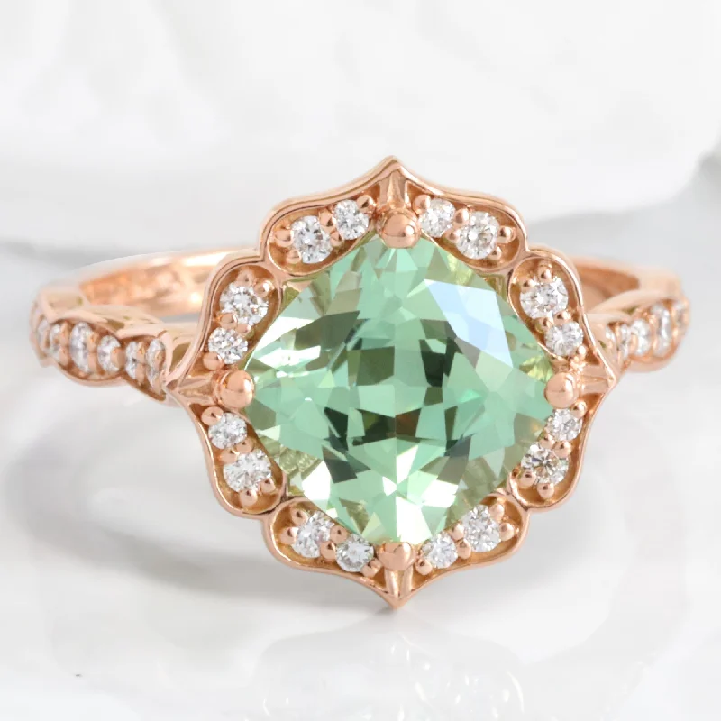 wedding and engagement rings for women -Large Cushion Green Sapphire Ring in Vintage Floral Diamond Band