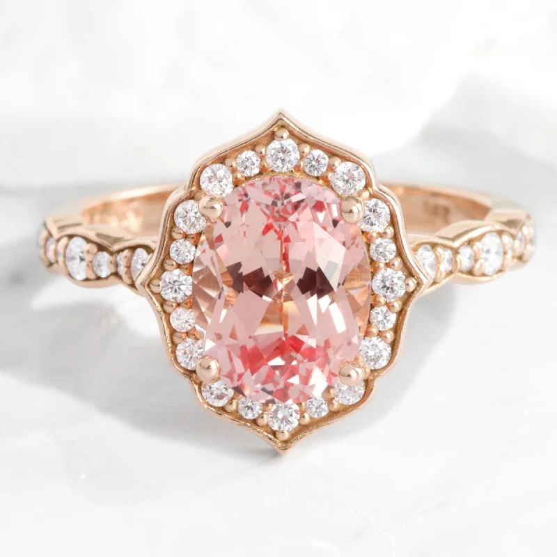 contemporary engagement rings for women -Large Oval Cut Peach Sapphire Ring in Vintage Floral Diamond Band