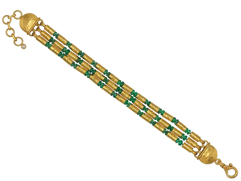 leather bangles for women -Gold Tube & Emerald Bead Bracelet