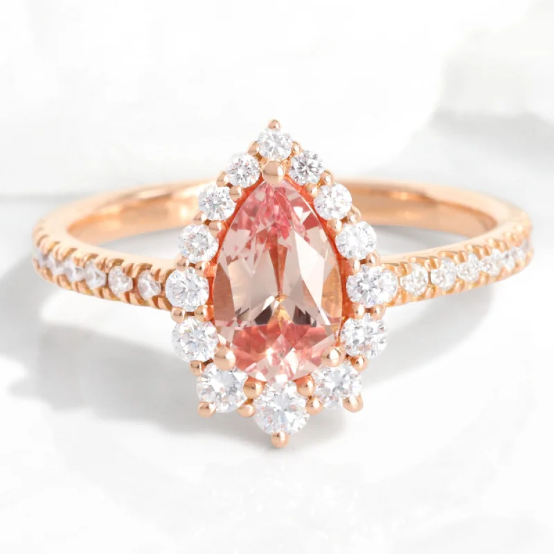 antique style engagement rings for women -Pear Champagne Peach Sapphire Ring in Tiara Halo Diamond Pave Band