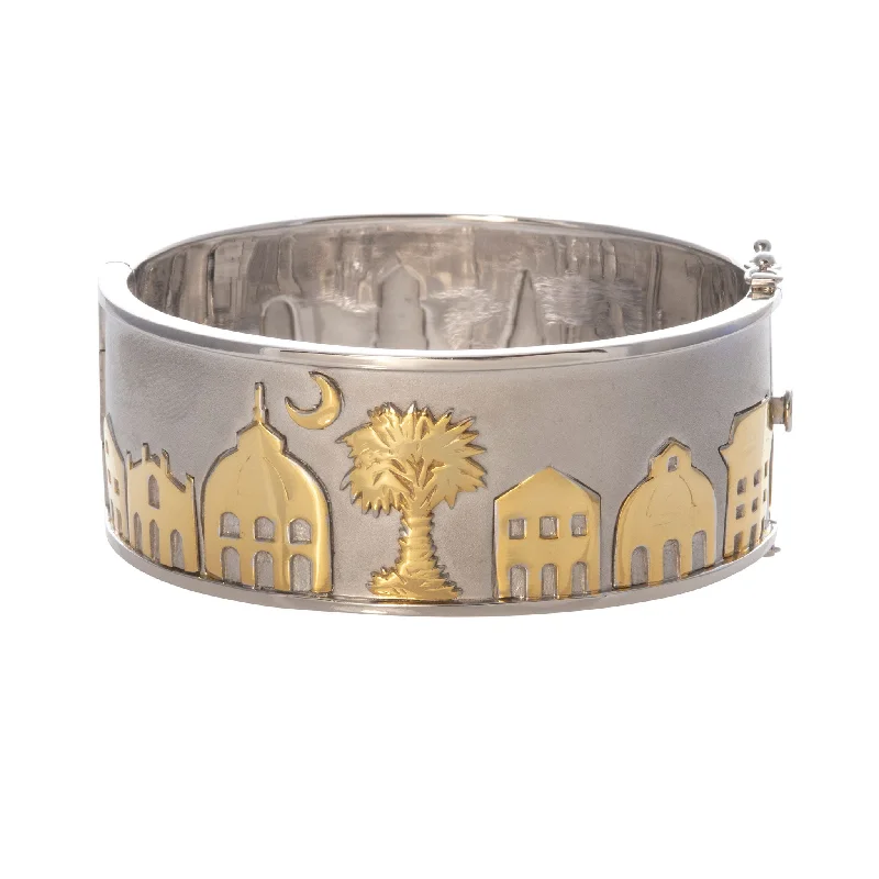 gold cuff bracelets for women -Wide Charleston Skyline Cuff Bangle