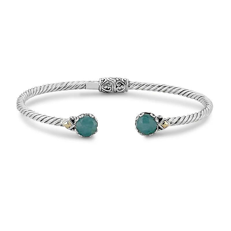 women’s friendship bangles -Sterling Silver And 18K Yellow Gold Two Tone Aquamarine Twisted Hinged Bangle Bracelet