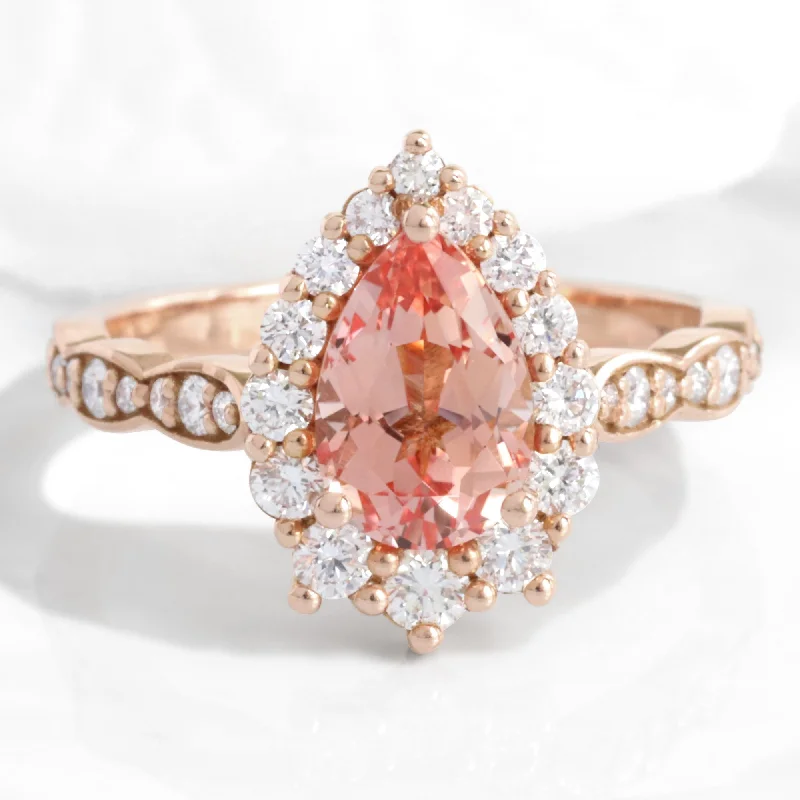 bridal engagement rings for women -Large Pear Peach Sapphire Ring in Tiara Halo Diamond Scalloped Band