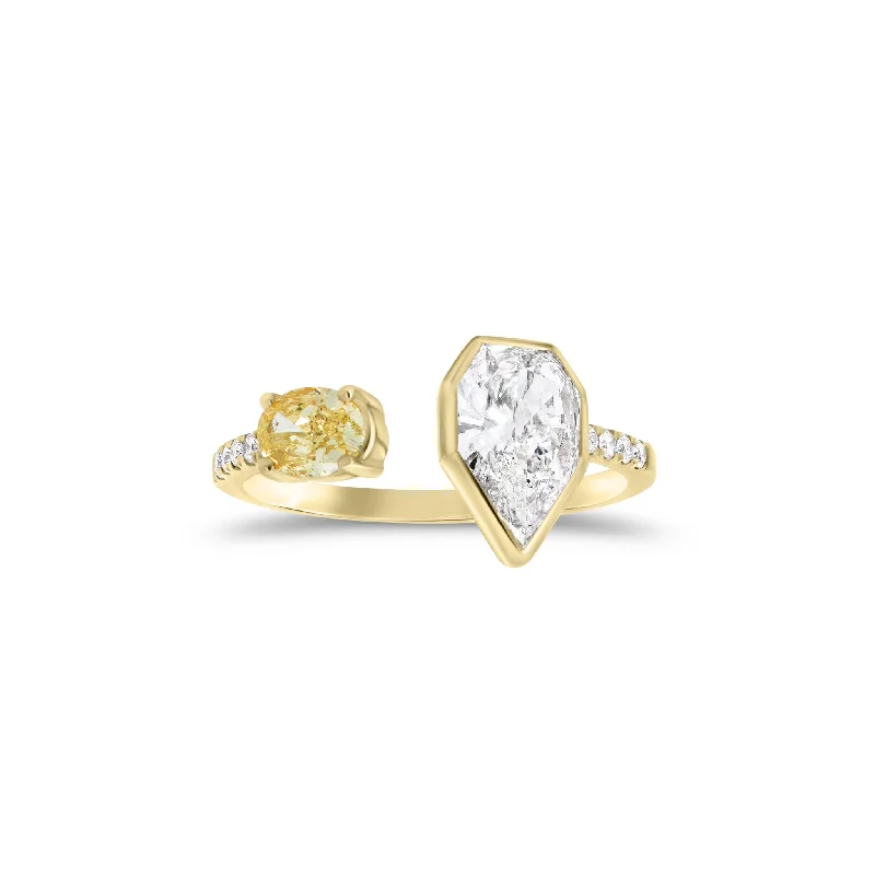 platinum engagement rings for women -Diamond Heptagon & Yellow Diamond Oval Open Ring