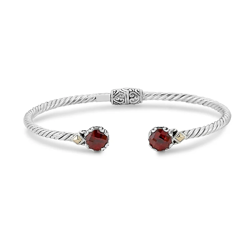 adjustable bracelets for women -Sterling Silver And 18K Yellow Gold Two Tone Garnet Twisted Hinged Bangle Bracelet