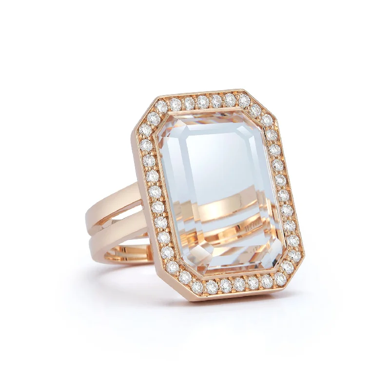 engagement rings with a large diamond for women -BELL 18K GOLD AND DIAMOND RECTANGULAR ROCK CRYSTAL RING