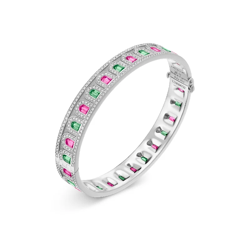 delicate bracelets for women -L’Arc Deco Platinum Bangle DAVIDOR Arch Cut Pink and Green Tourmalines and Brilliant Diamonds