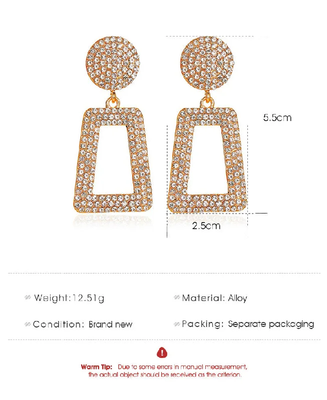 engagement rings with round diamonds and rubies for women -New Long Flashing Diamond Geometric Exaggerated Inlaid Diamond Square Hollow Earrings Wholesale