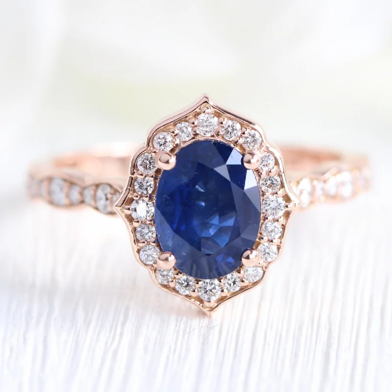 engagement rings with sapphires for women -Vintage Floral Natural Sapphire Ring w/ Diamonds in the Scalloped Band