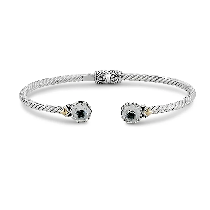 stretch bangles for women -Sterling Silver And 18K Yellow Gold Two Tone Topaz Twisted Hinged Bangle Bracelet